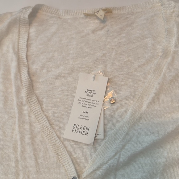 Eileen Fisher Long V Neck Linen Cotton Slub Short Sleeve Button Down Sweater NWT - Picture 2 of 6
